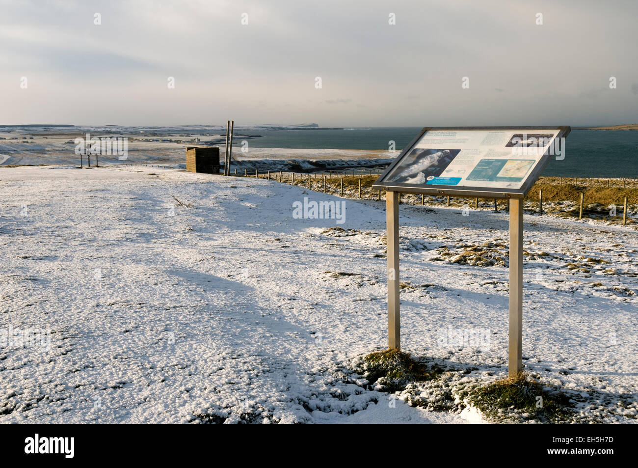 Information sign at Duncansby Head, near John o'Groats, Caithness, Scotland, UK Looking towards Dunnet Head in the distance. Stock Photo