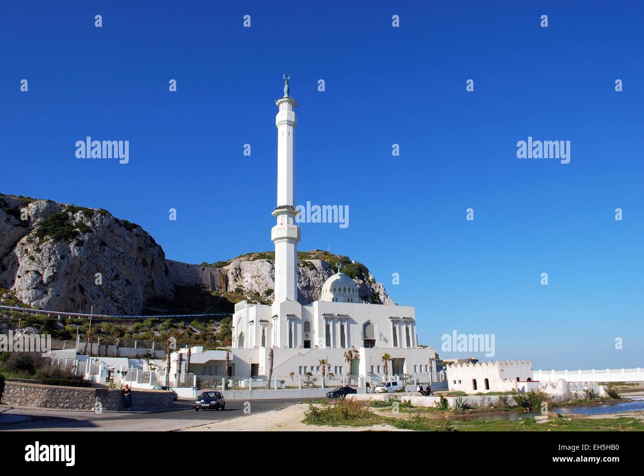King Fahad Bin Abdul Aziz Al Saud Mosque with the rock to the rear, Gibraltar, United Kingdom, Western Europe. Stock Photo