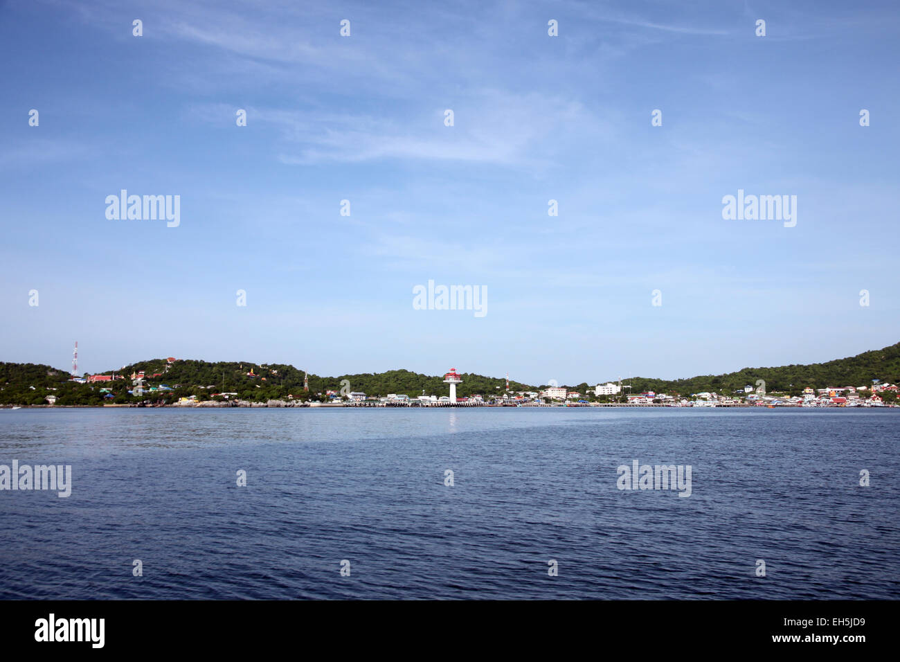 sea and coast on a clear day have a blue sky background. Stock Photo