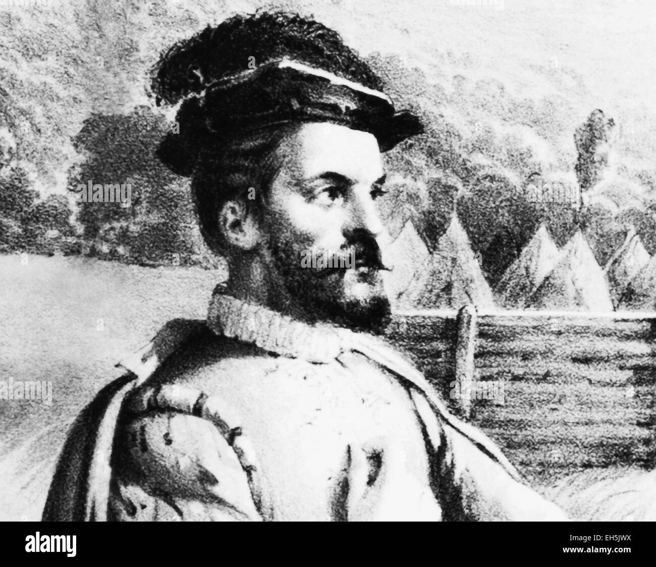 Vintage print depicting Jacques Cartier. Stock Photo