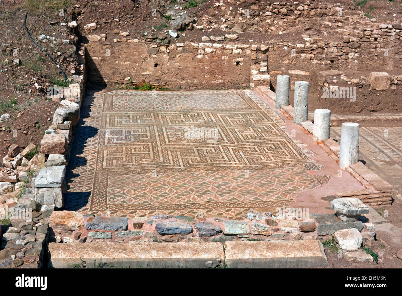 Mosaic floor of a dining room in the theatre living quarters, Ancient ...
