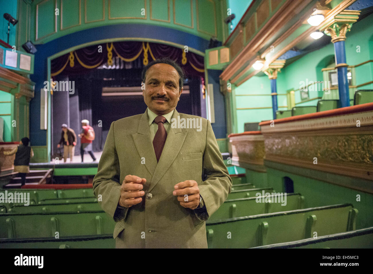 Mr Gautam, the local authority on the history of the Victorian Gaiety Theatre in Shimla, Himachal Pradesh, India Stock Photo