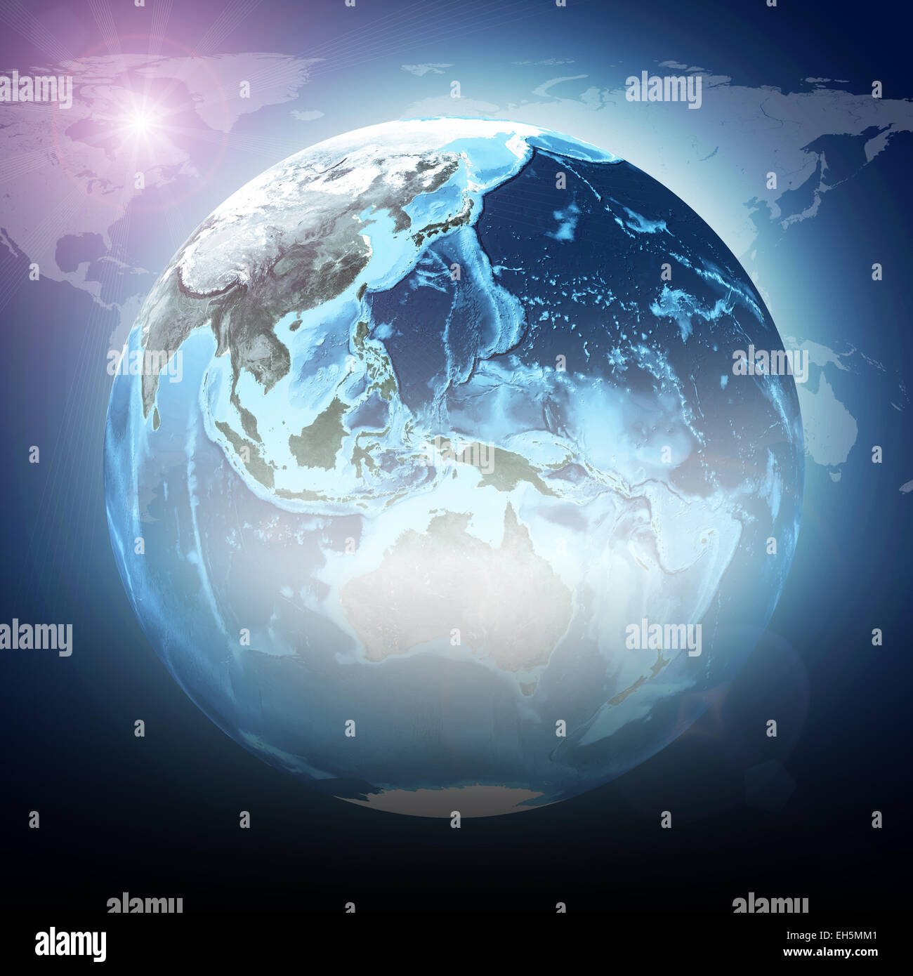 Blue earth globe glow with continents, transparent. World map on dark ...