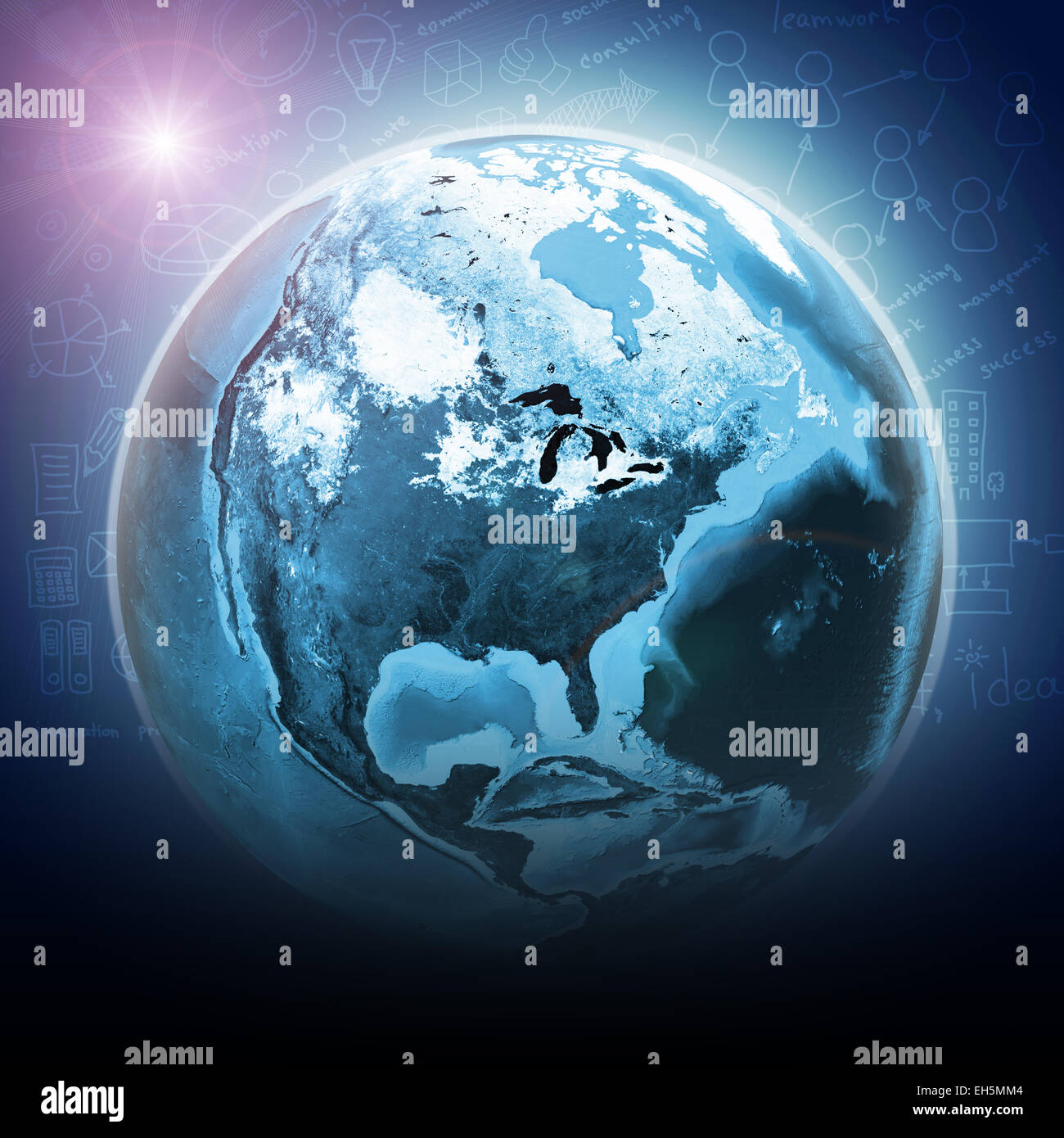 Blue earth globe glow with continents, transparent. World map on dark ...