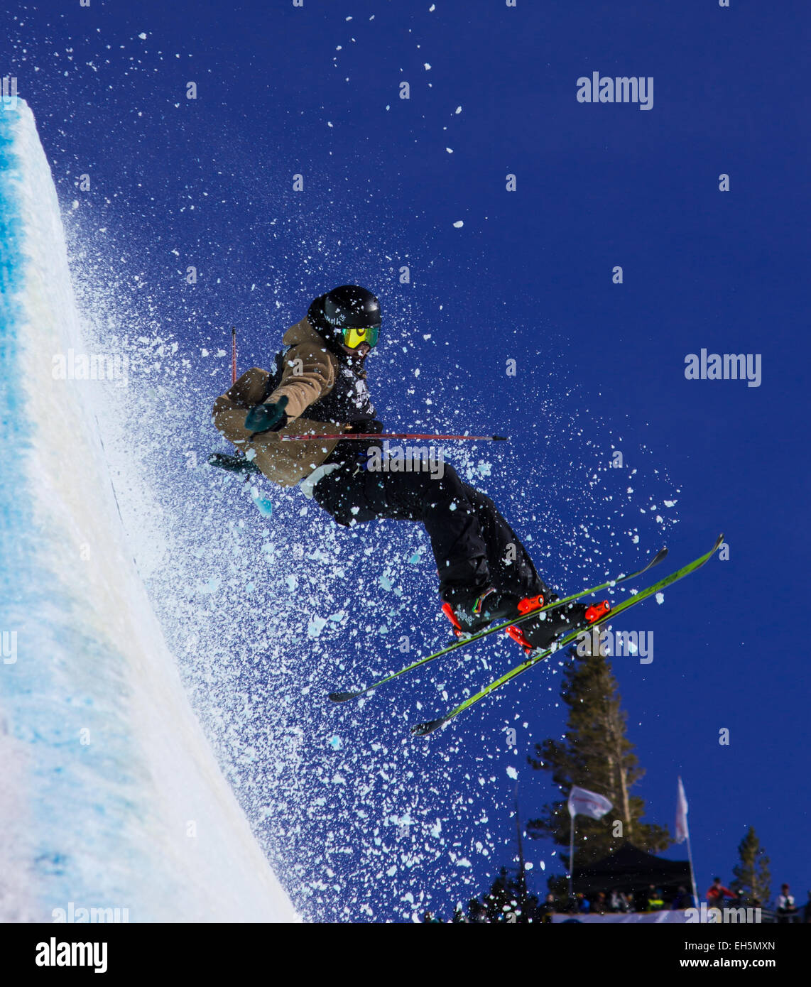 A skier competitor in the Revolutionary tour half pipe competition, Mammoth Mountain,California. Stock Photo