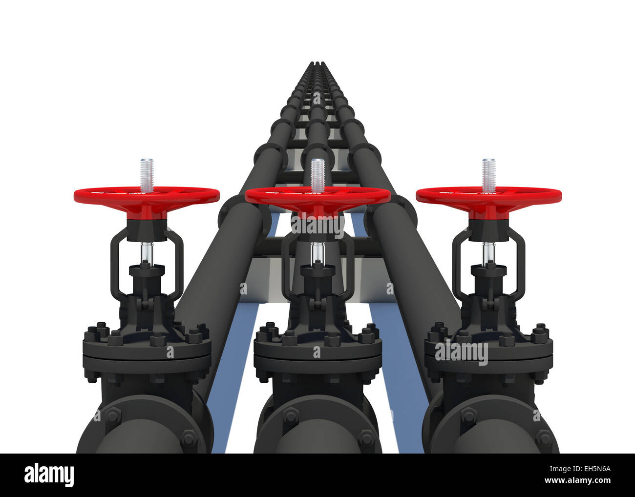 Three black pipes with valves Stock Photo Alamy