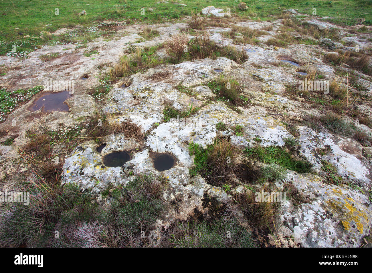 Stentinello, neolithic village site and hole for poles in Syracuse coast Stock Photo