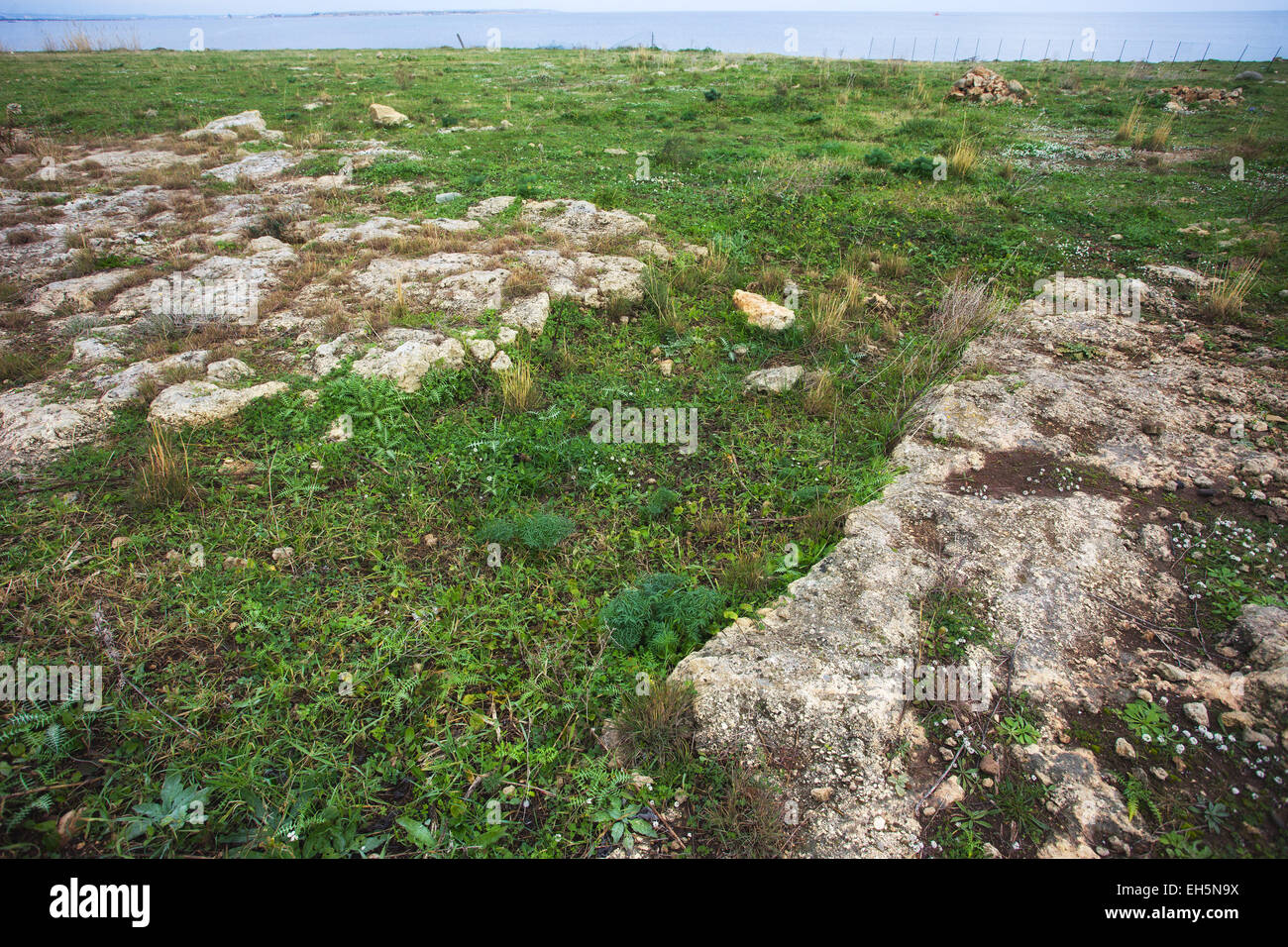 Stentinello, neolithic village site and trench in Syracuse coast Stock Photo