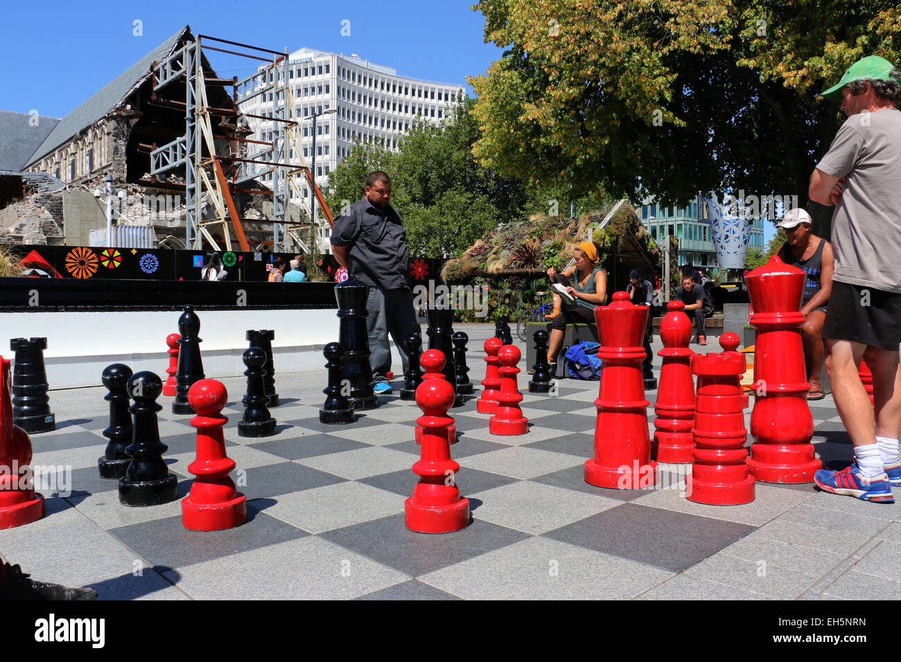 Giant Chess game outside Earthquake damage ChristChurch Cathedral Square New Zealand Stock Photo