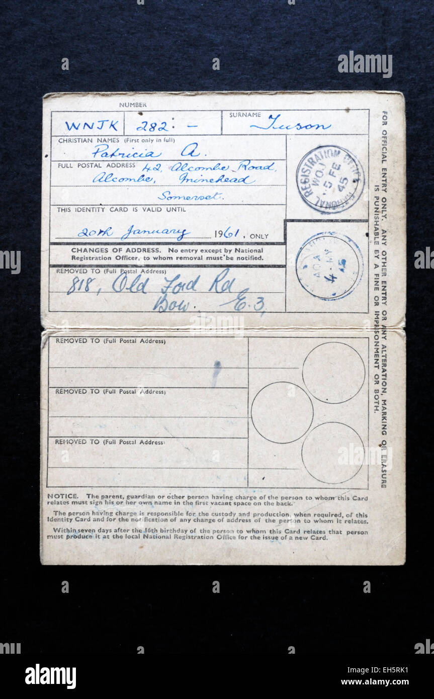 British National Registration Identity Card ID from the Second World War WW2 for a child under 16 Showing the inside of the card Stock Photo