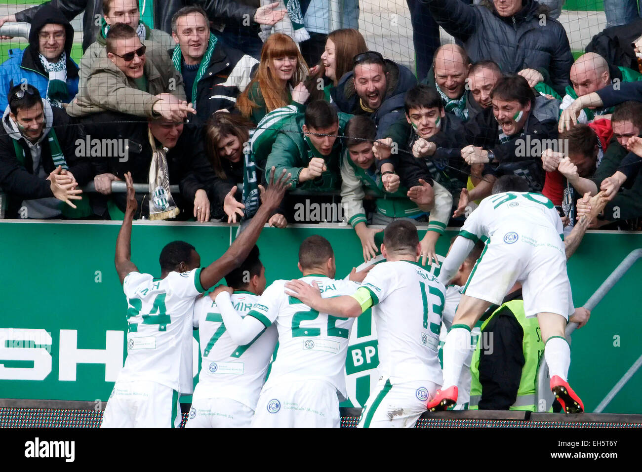 BUDAPEST, HUNGARY - JULY 24: Davide Lanzafame of Ferencvarosi TC #10  celebrates his goal among Tokmac Chol Nguen of Ferencvarosi TC #93, Ihor  Kharatin of Ferencvarosi TC (l2), Gergo Lovrencsics of Ferencvarosi