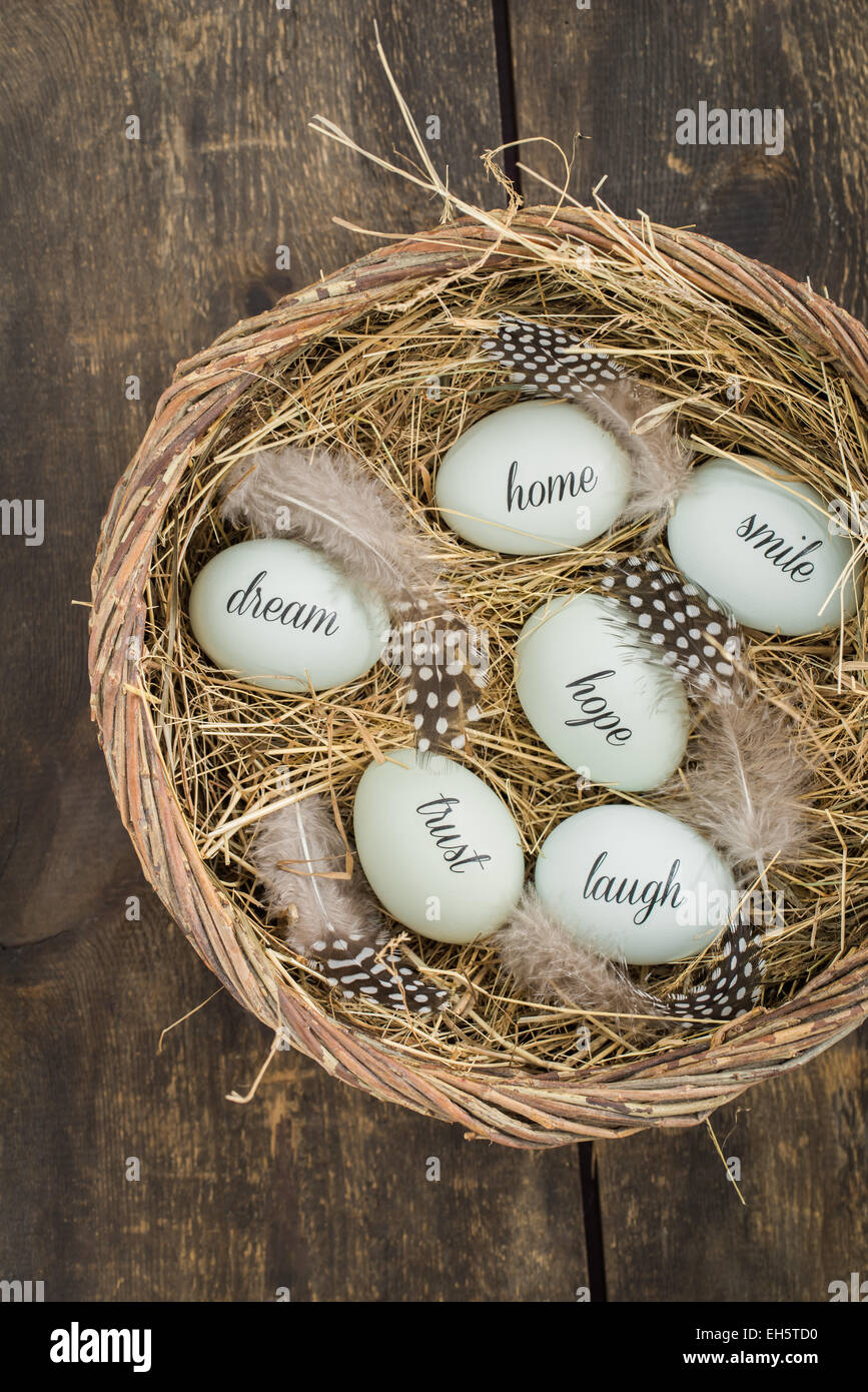 Eggs with handwritten messages in a basket with straw Stock Photo