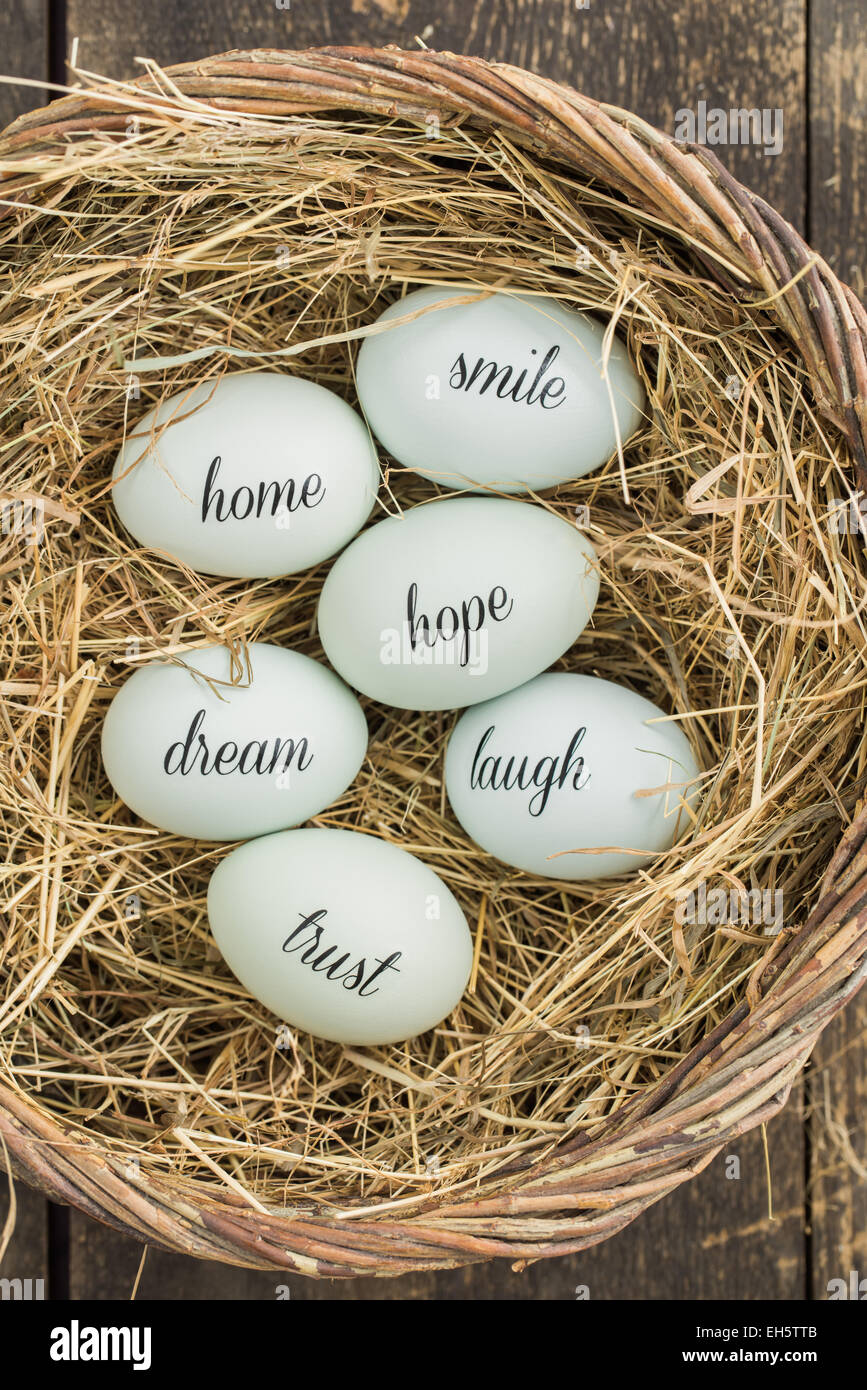 Eggs with handwritten messages in a basket with straw Stock Photo