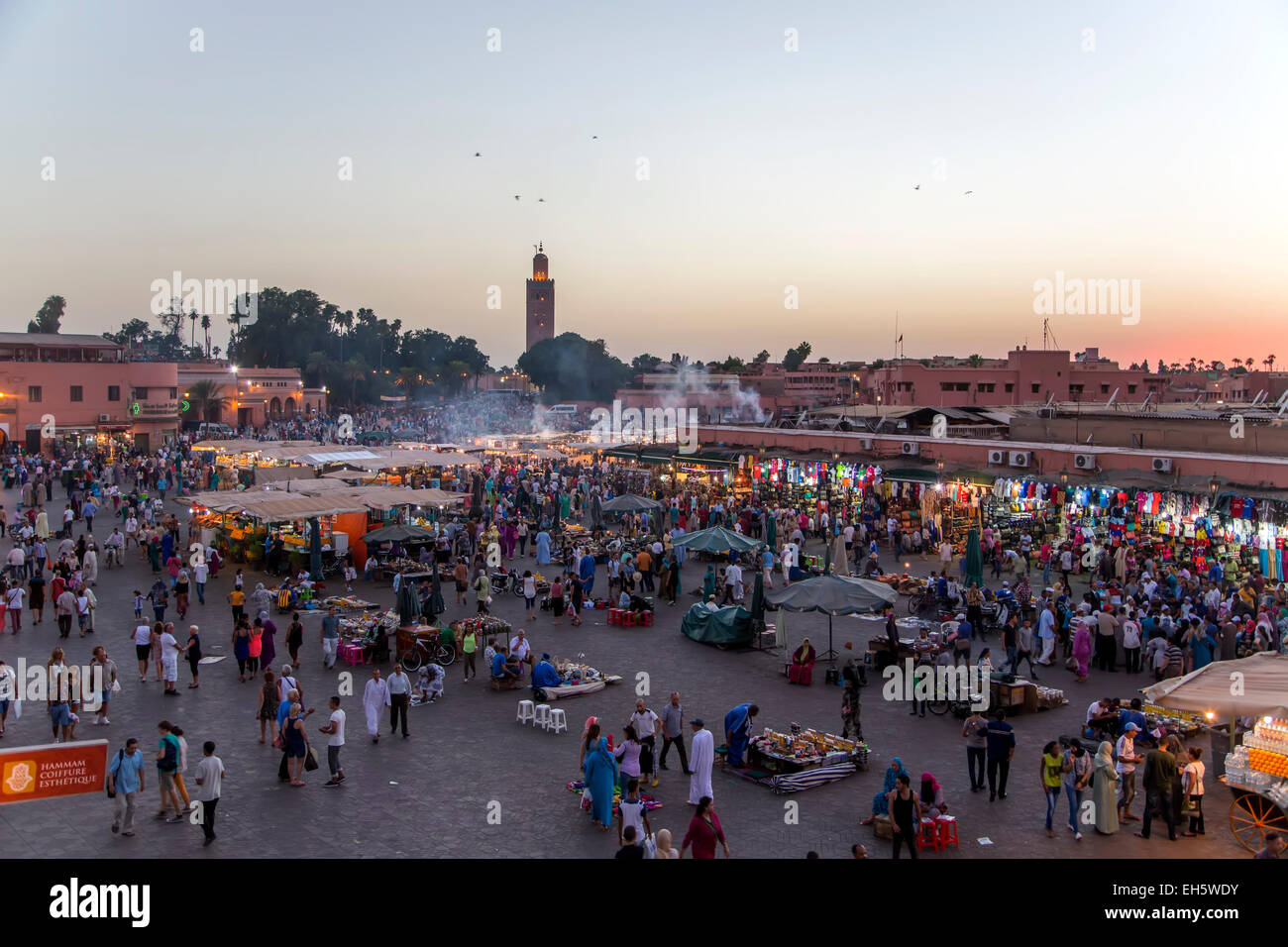 MARRAKESH, MOROCCO - SEPTEMBER 11, 2014: Unidentified people at Jeema el Fna in Marrakesh, Morocco. Jeema el Fna received UNESCO Stock Photo