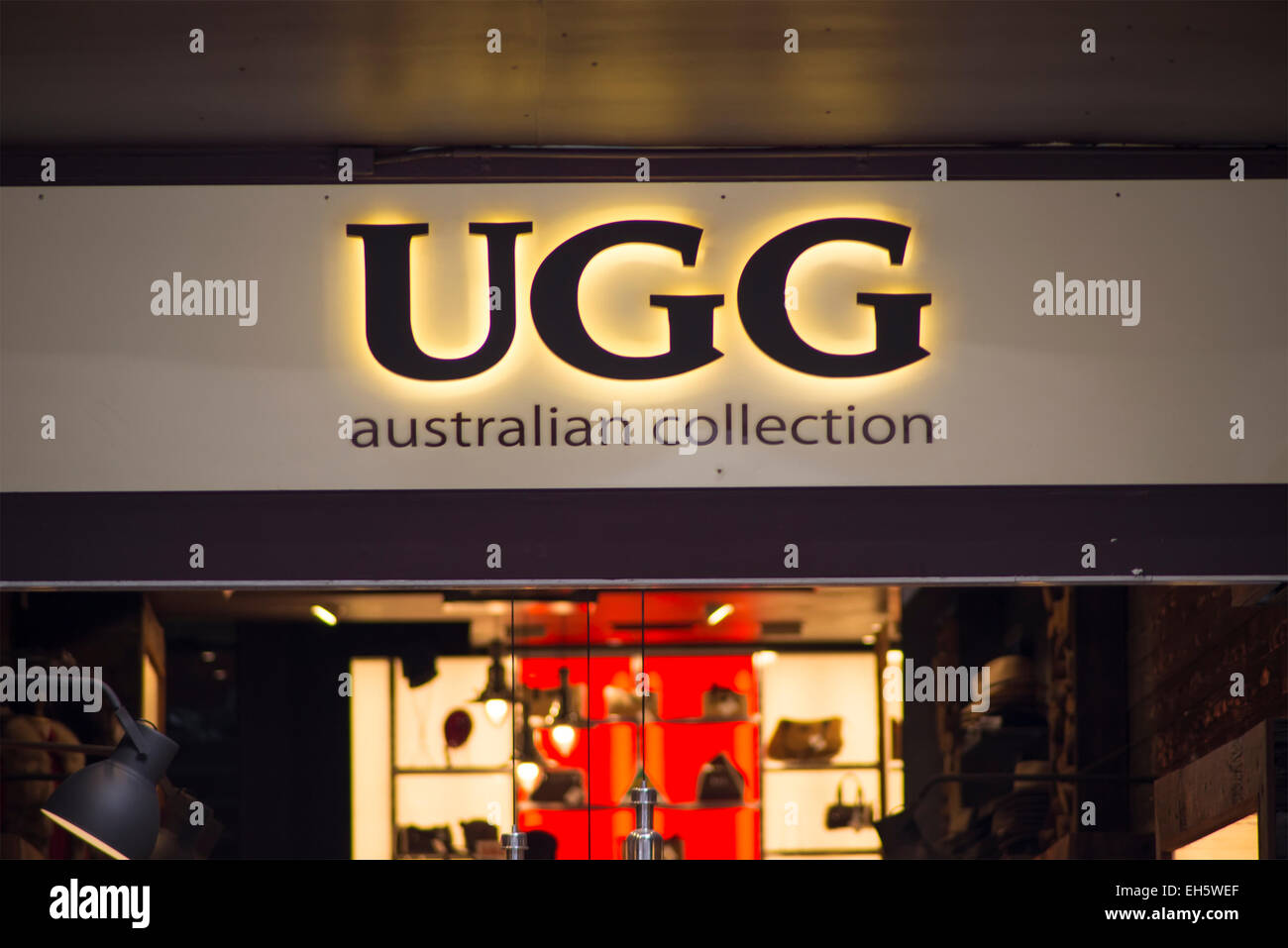 SYDNEY, AUSTRALIA - FEBRUARY 9, 2015: Detail of the UGG Australia store in Sydney, Australia. UGG Australia is an American footw Stock Photo