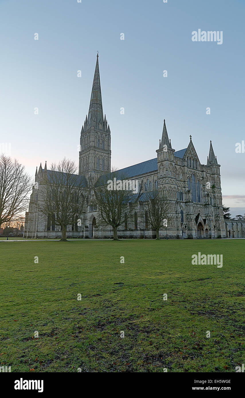 Salisbury Diocese Cathedral post-Dawn - West End, North Door, Nave, Transept & Spire Stock Photo