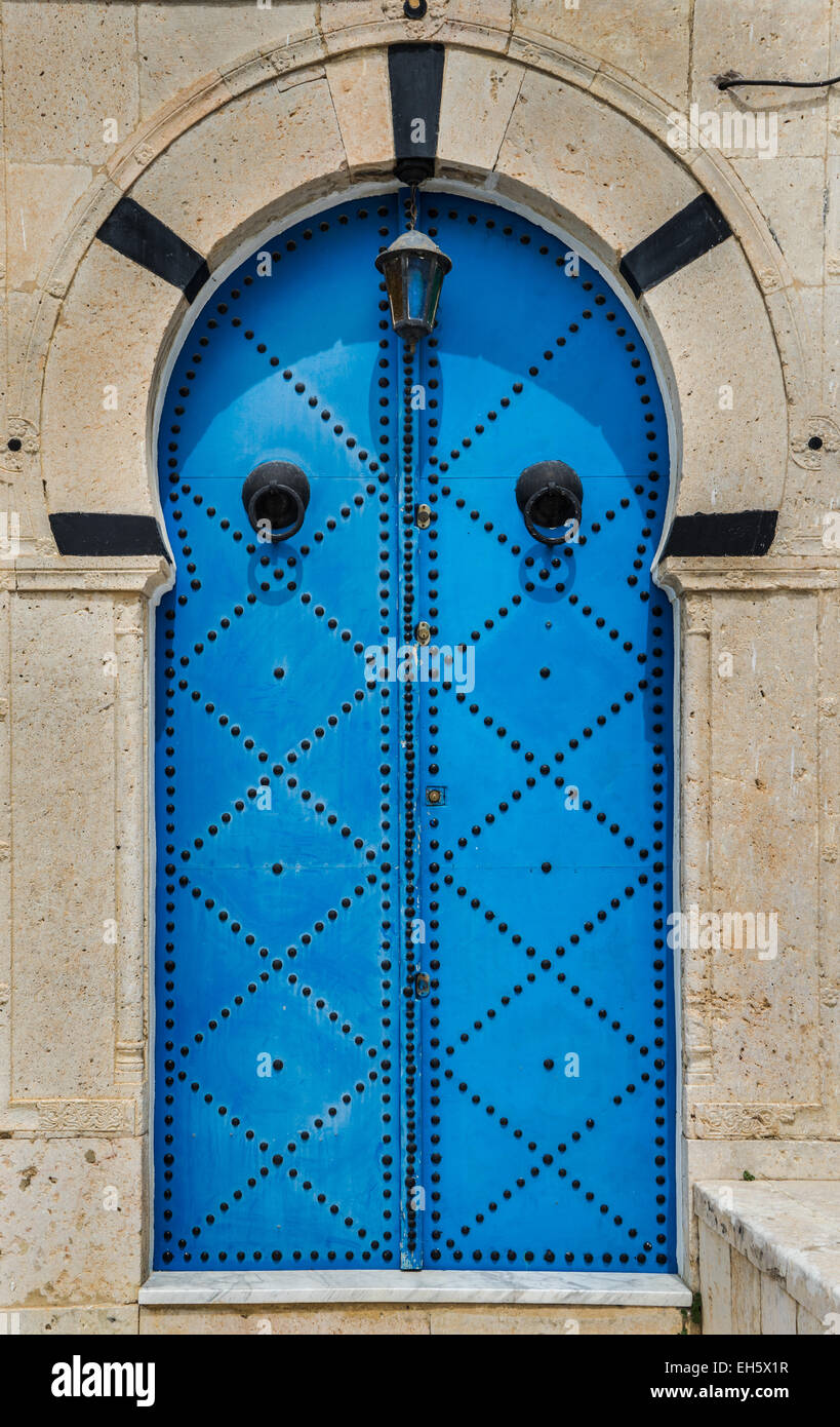 Blue Traditional door with arch from Sidi Bou Said in Tunisia Stock Photo