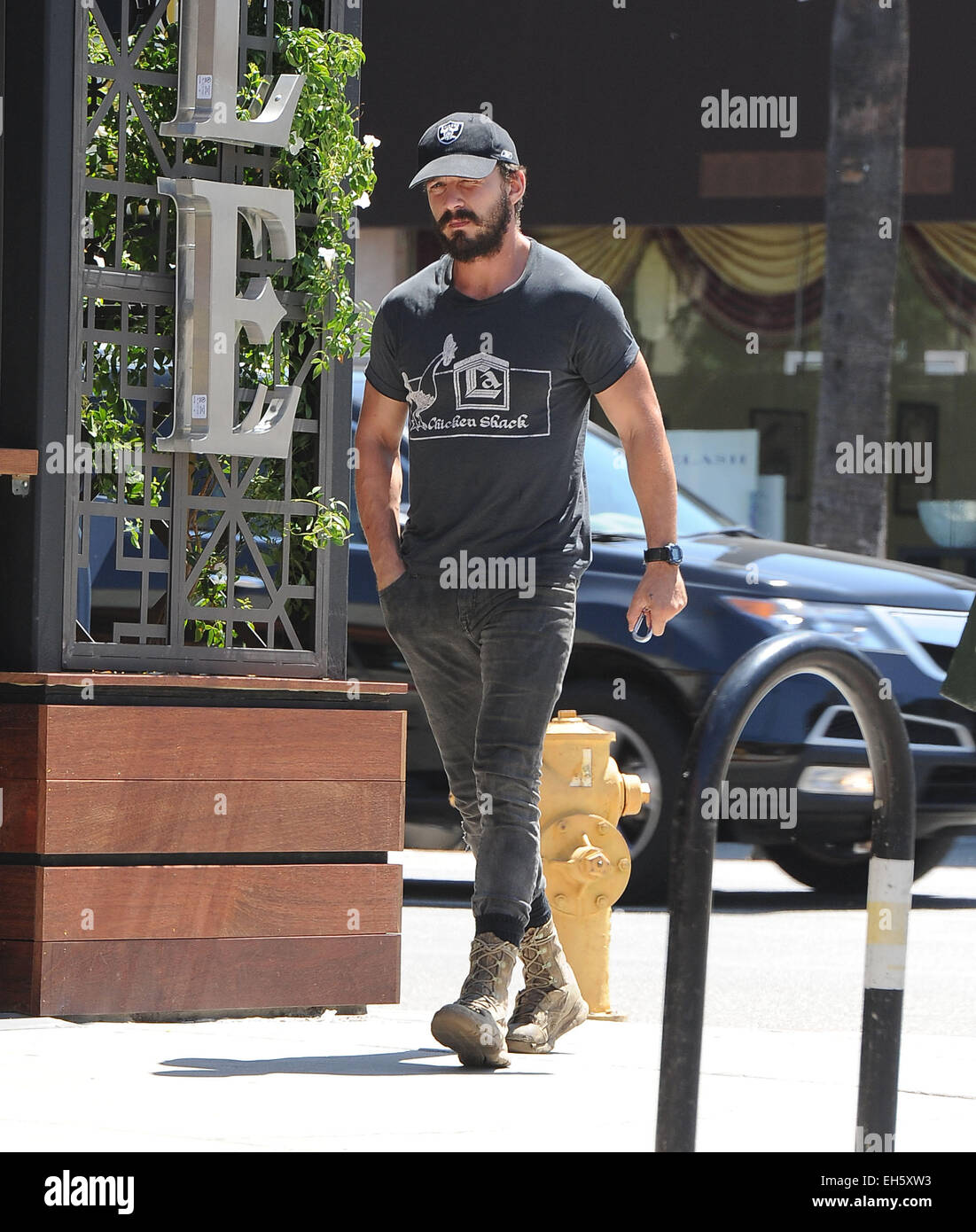 Shia LaBeouf wears his favorite jeans and boots to lunch at Granville Cafe Featuring: Shia LaBeouf Where: Los Angeles, California, United States When: 02 Sep 2014 Stock Photo