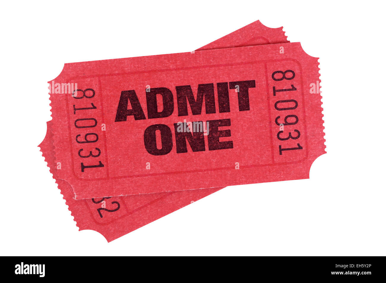 Red admit one tickets isolated on a white background. Stock Photo