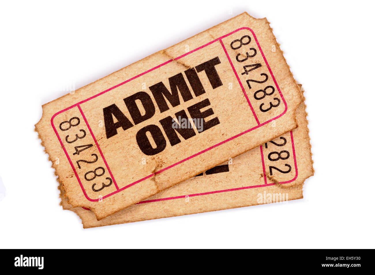 Old admit one tickets on a white background. Stock Photo