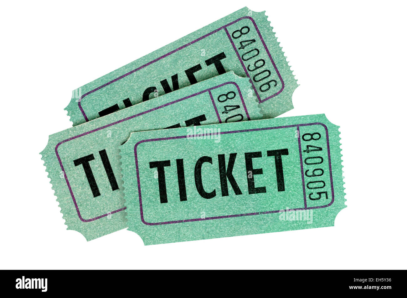 Three green raffle tickets isolated on a white background. Stock Photo