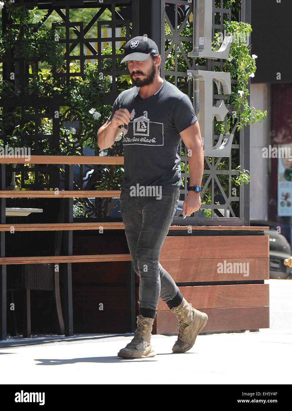 Shia LaBeouf wears his favorite jeans and boots to lunch at Granville Cafe Featuring: Shia LaBeouf Where: Los Angeles, California, United States When: 02 Sep 2014 Stock Photo