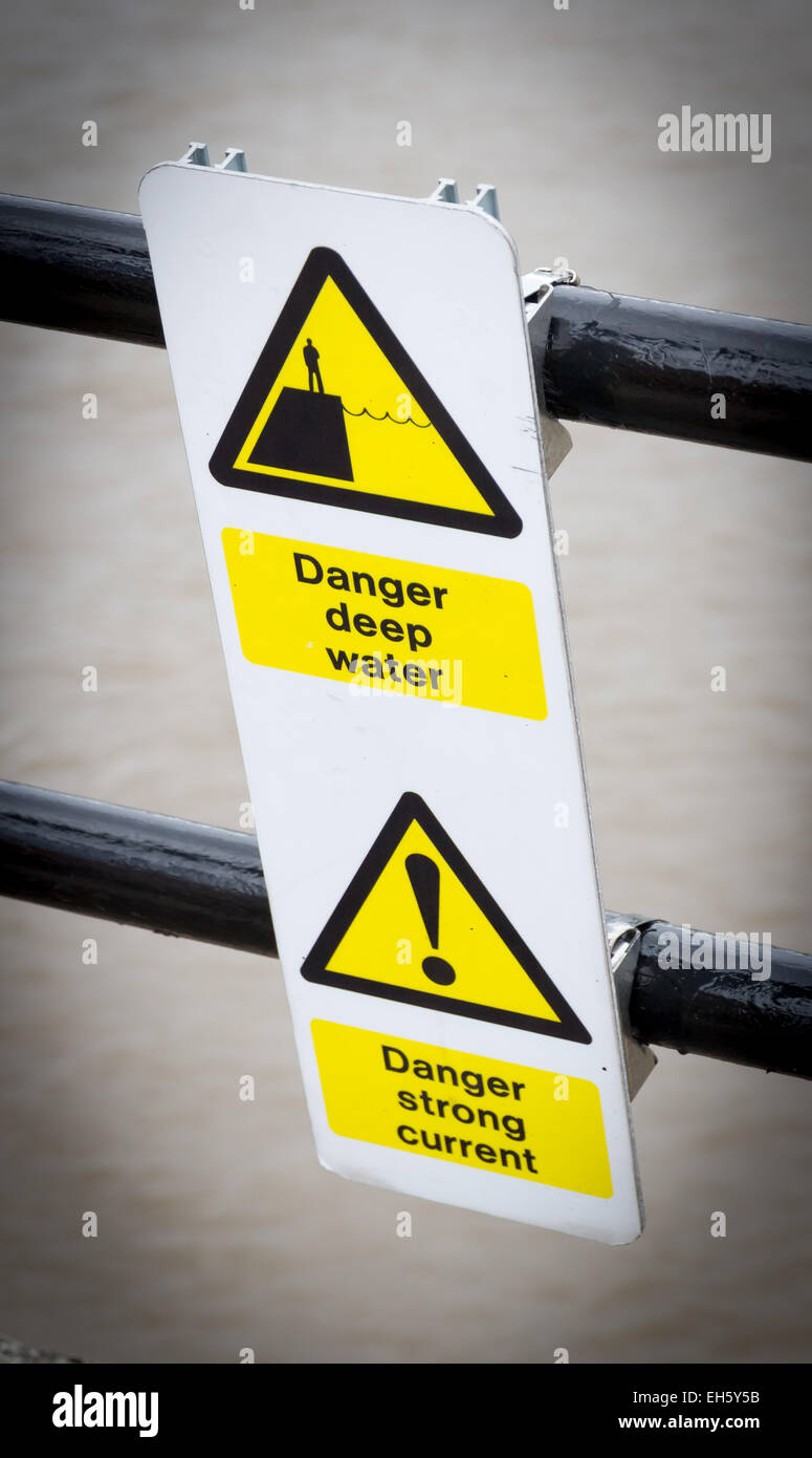 Danger Deep Water sign on the dockside in Liverpool Stock Photo