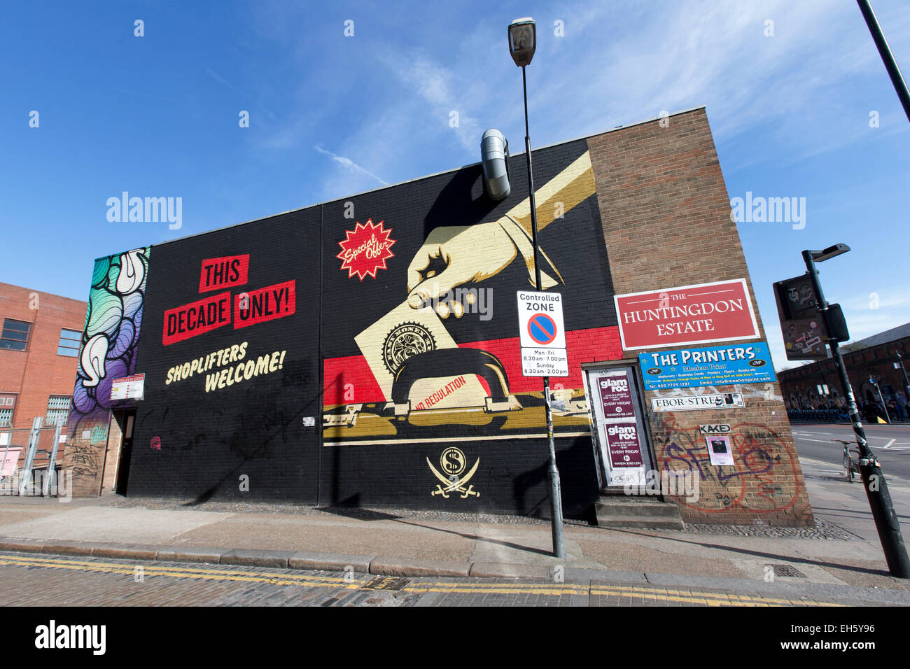Shepard Fairey street art, Ebor Street, Shoreditch, London, England, UK. Stock Photo
