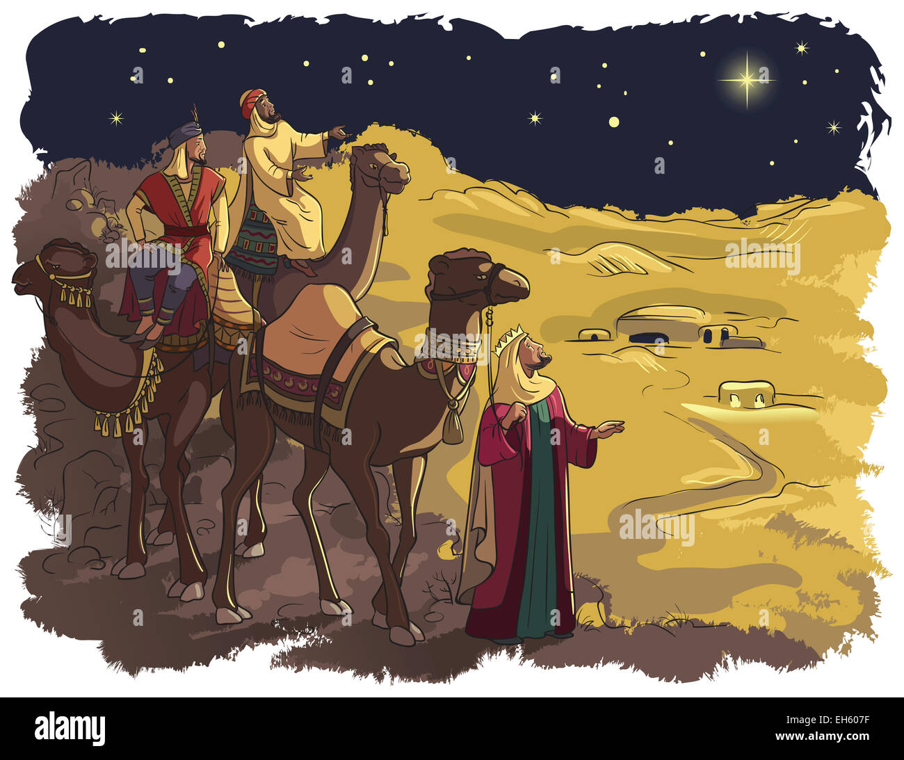 Three wise men following the star of Bethlehem Stock Photo