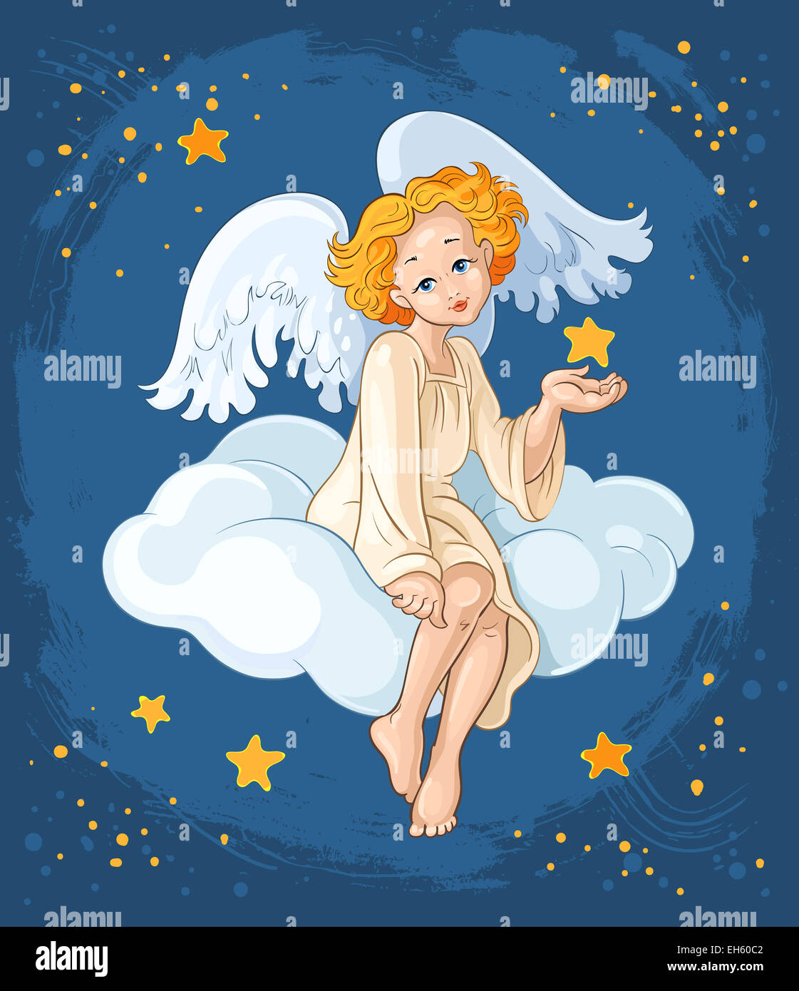 Cute angel girl with star sitting on a cloud Stock Photo
