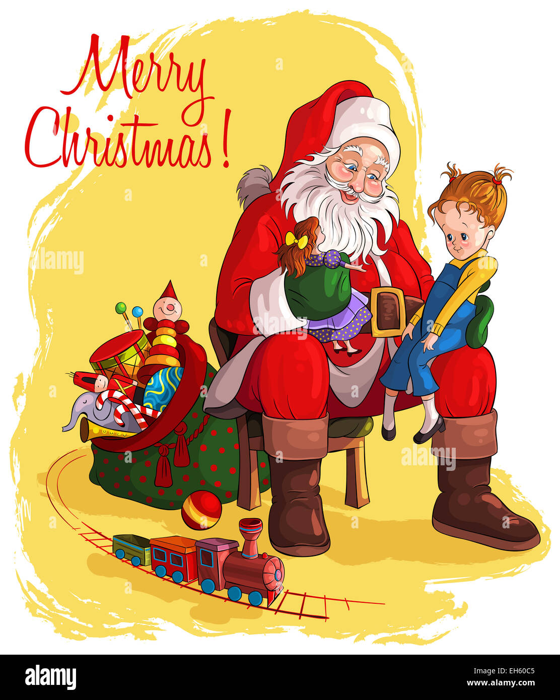 Santa Claus sitting in chair with sack of gift give Christmas gifts to children Stock Photo
