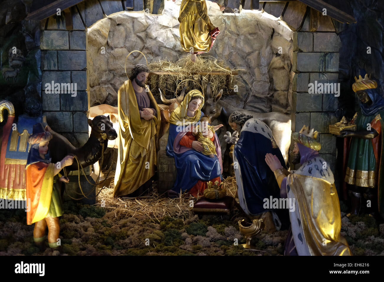 Nativity scene, creche, or crib, birth of Jesus in Parish Church of the