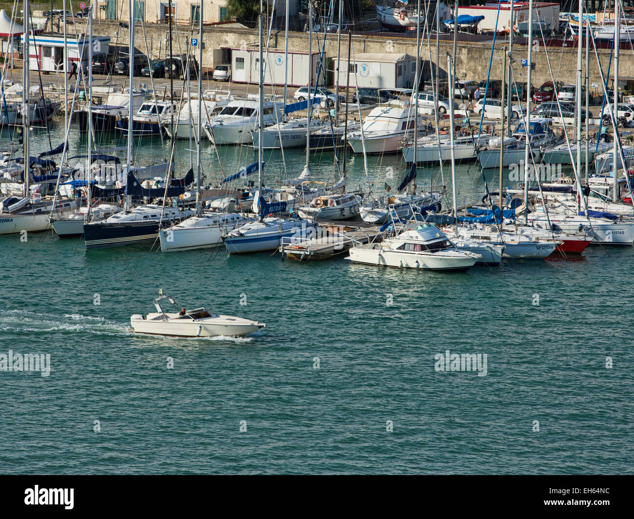 Livorno, Italy, marina sailboats and speed boat Stock Photo