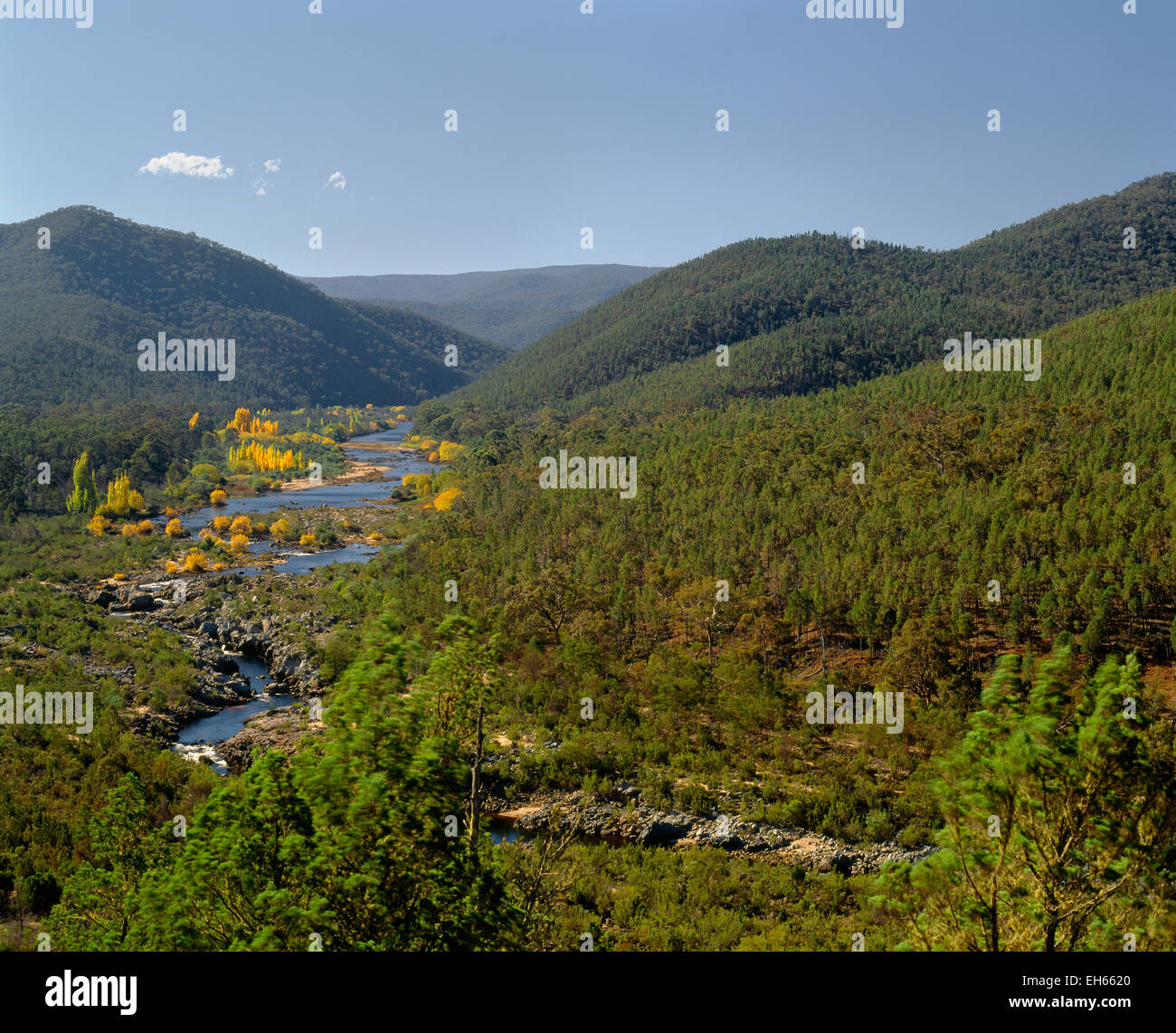 Australia: Snowy River winds through a valley in the Snowy Mountains of New South Wales Stock Photo