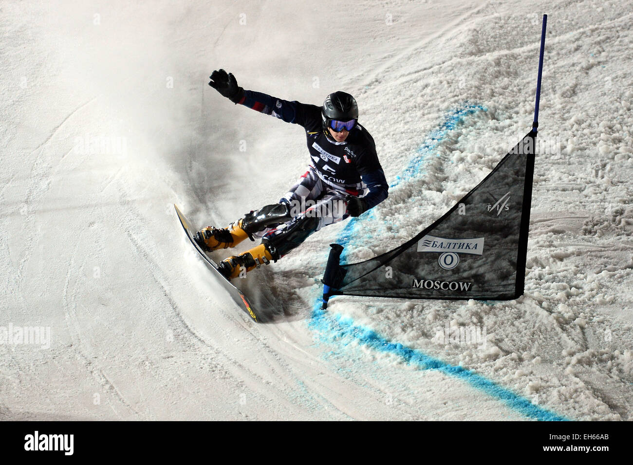 Moscow, Russia. 7th Mar, 2015. Andrey Sobolev of Russia competes during the men's parallel slalom of FIS Snowboard World Cup in Moscow, capital of Russia, March 7, 2015. Andrey Sobolev took the 4th place. © Pavel Bednyakov/Xinhua/Alamy Live News Stock Photo