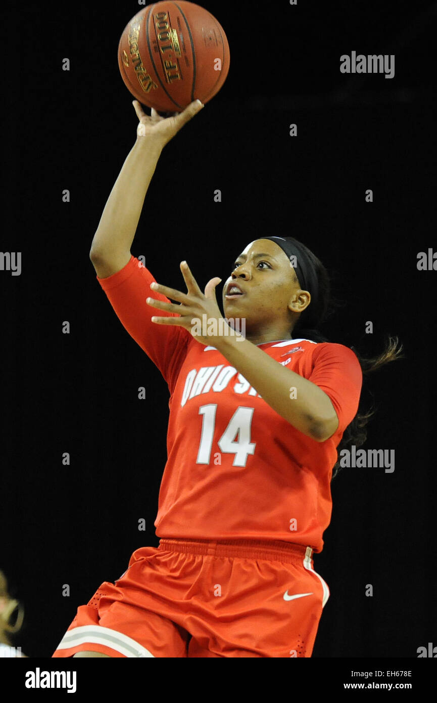 Hoffman Estates, IL, USA. 7th Mar, 2015. Ohio State Buckeyes guard Ameryst Alston (14) takes a last second shot in the first half during the 2015 Big Ten Women's Basketball Tournament game between the Iowa Hawkeyes and the Ohio State Buckeyes at the Sears Centre in Hoffman Estates, IL. Patrick Gorski/CSM/Alamy Live News Stock Photo