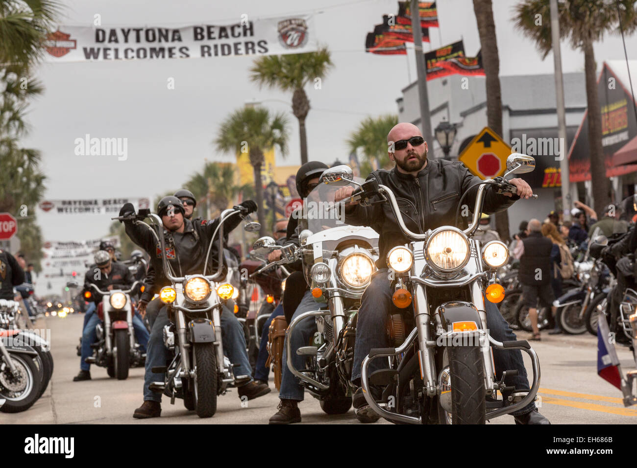 Bikers cruise down Main Street during the 74th Annual Daytona Bike Week March 7, 2015 in Daytona Beach, Florida. Stock Photo