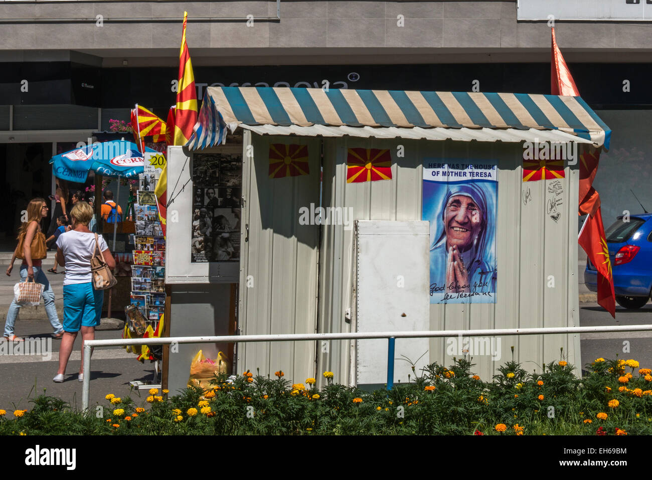 Street Stand With Mother Teresa Poster, Skopje Stock Photo