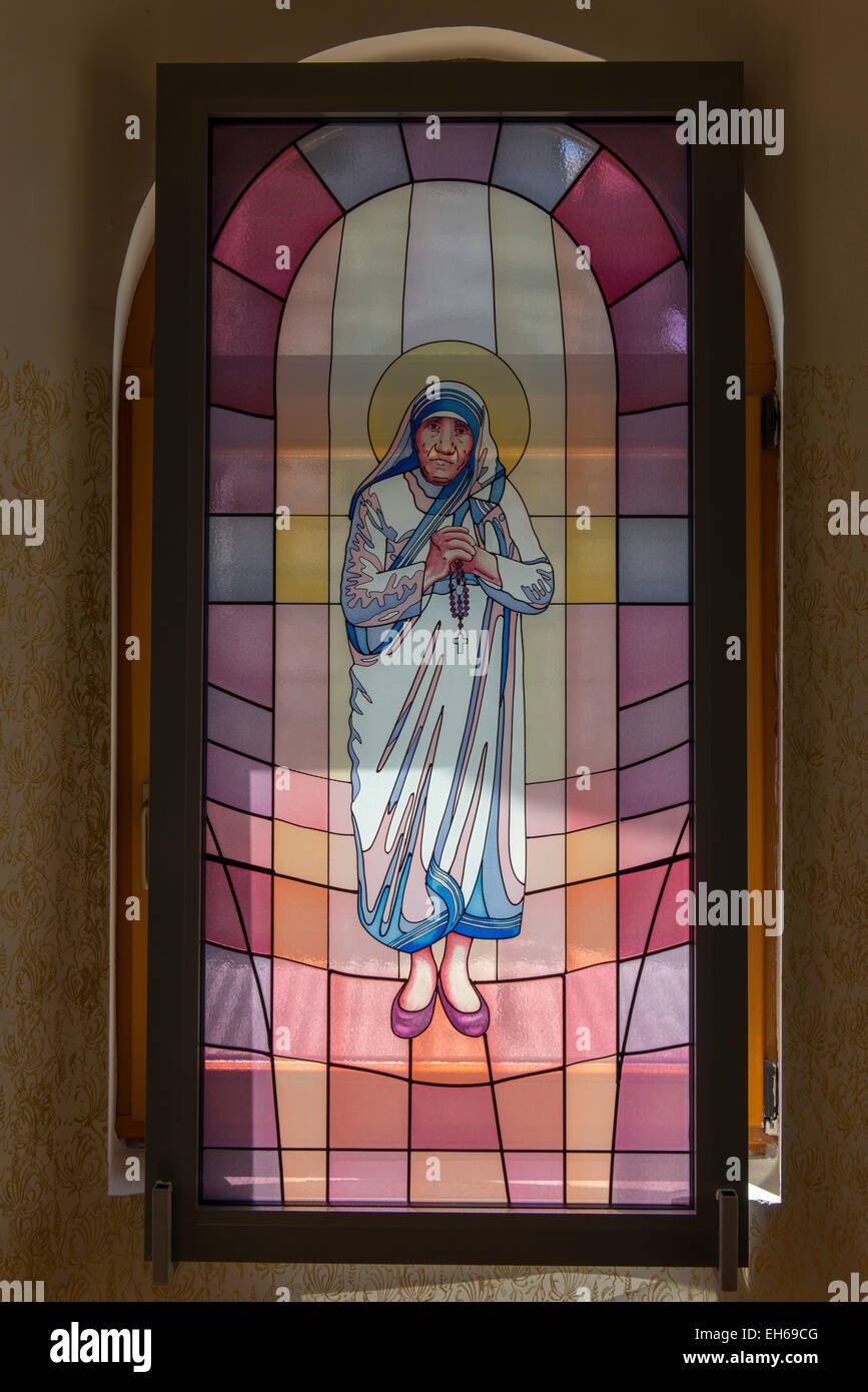 Painted Window With Mother Teresa, Memorial House Of Mother Teresa, Skopje Stock Photo