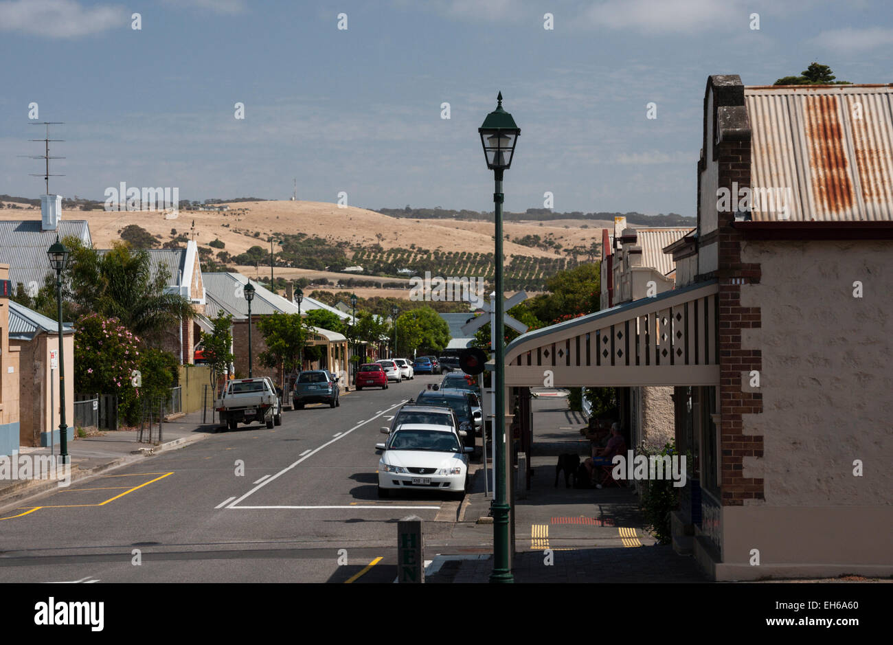 Looking down the main street of Port Elliot, the Strand. Port Elliot is a popular seaside town near Adelaide in South Australia. Stock Photo