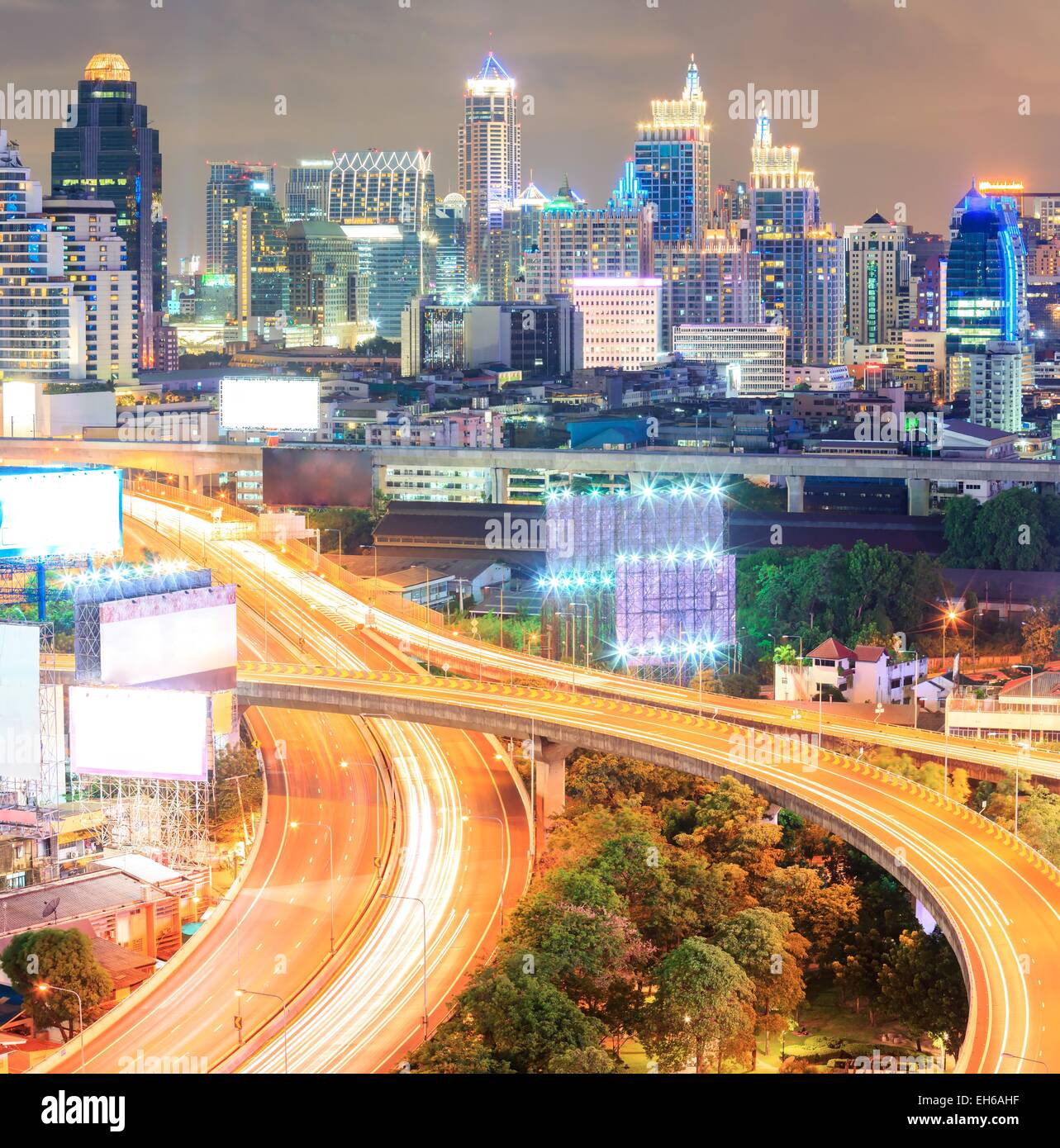 aerial view of Bangkok downtown Highway in business area at Night Stock ...