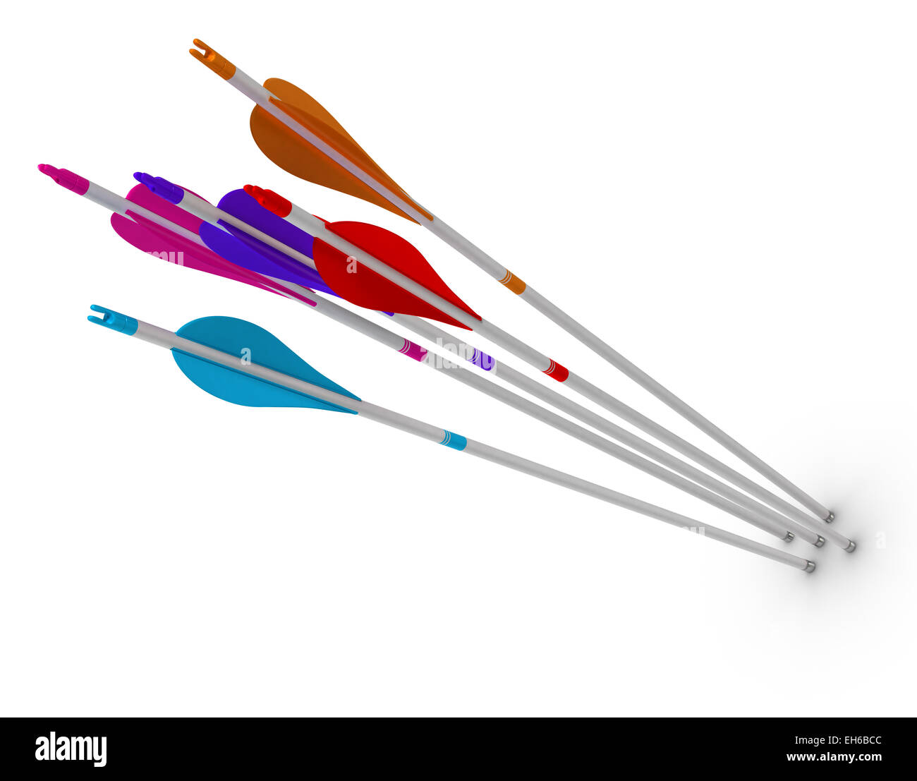 Many arrows hitting a white background. Concept of challenge Stock Photo