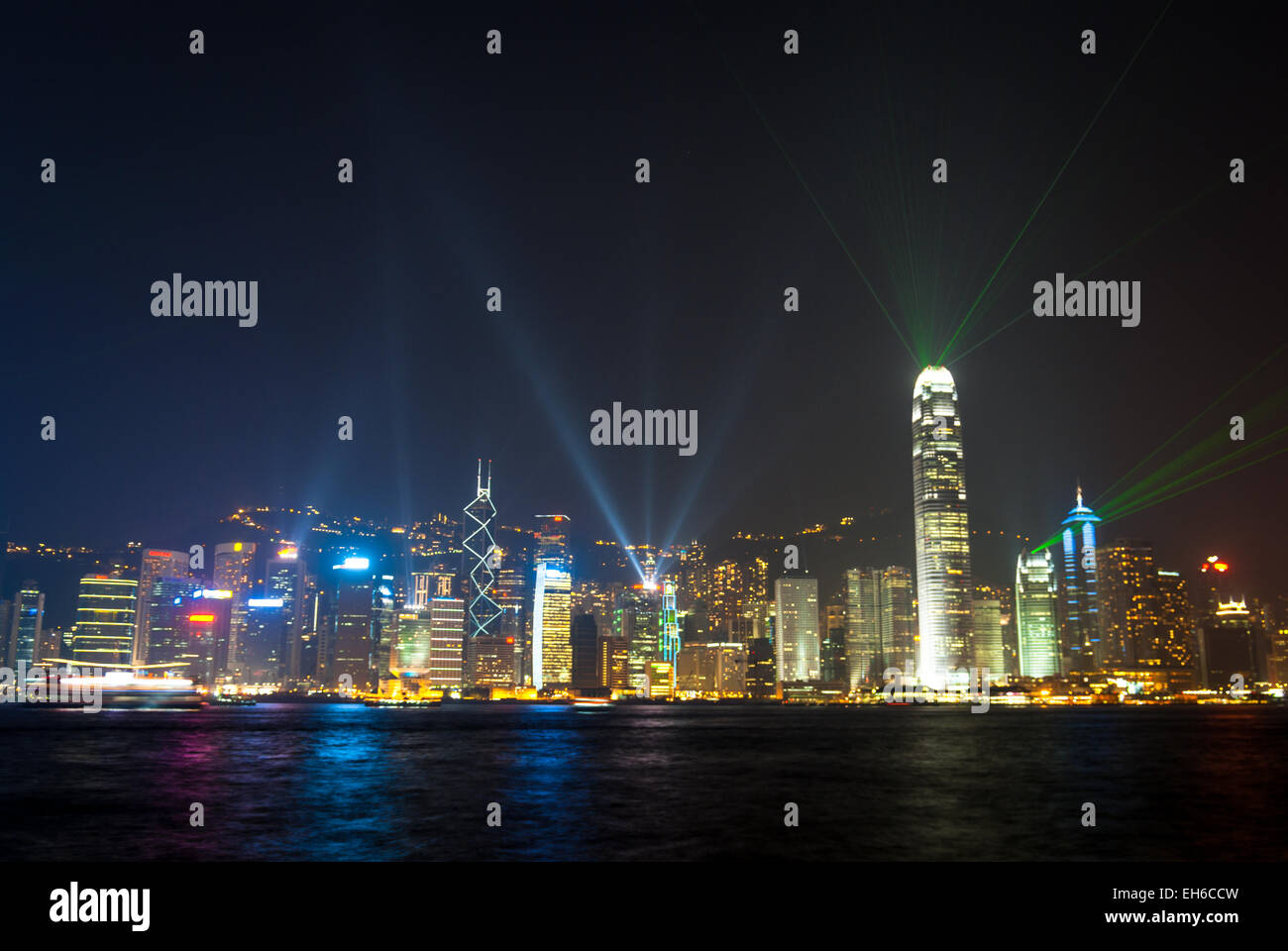 Spectacular sound and light show on Hong Kong Harbour at night. Viewed