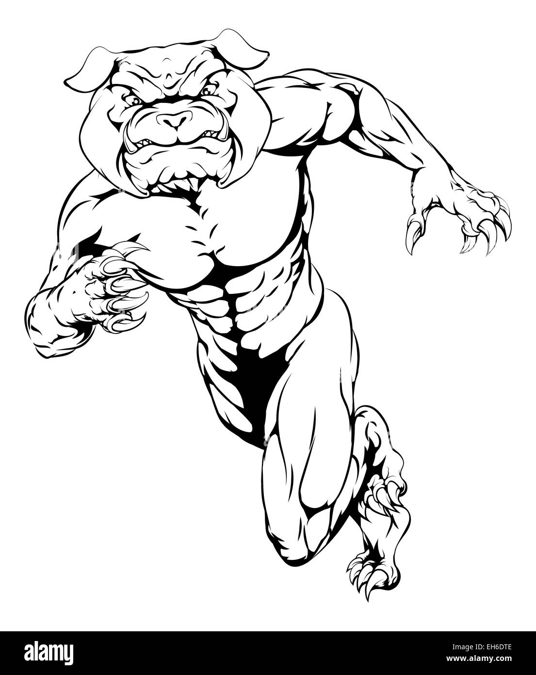 An illustration of a scary bulldog sports mascot sprinting Stock Photo