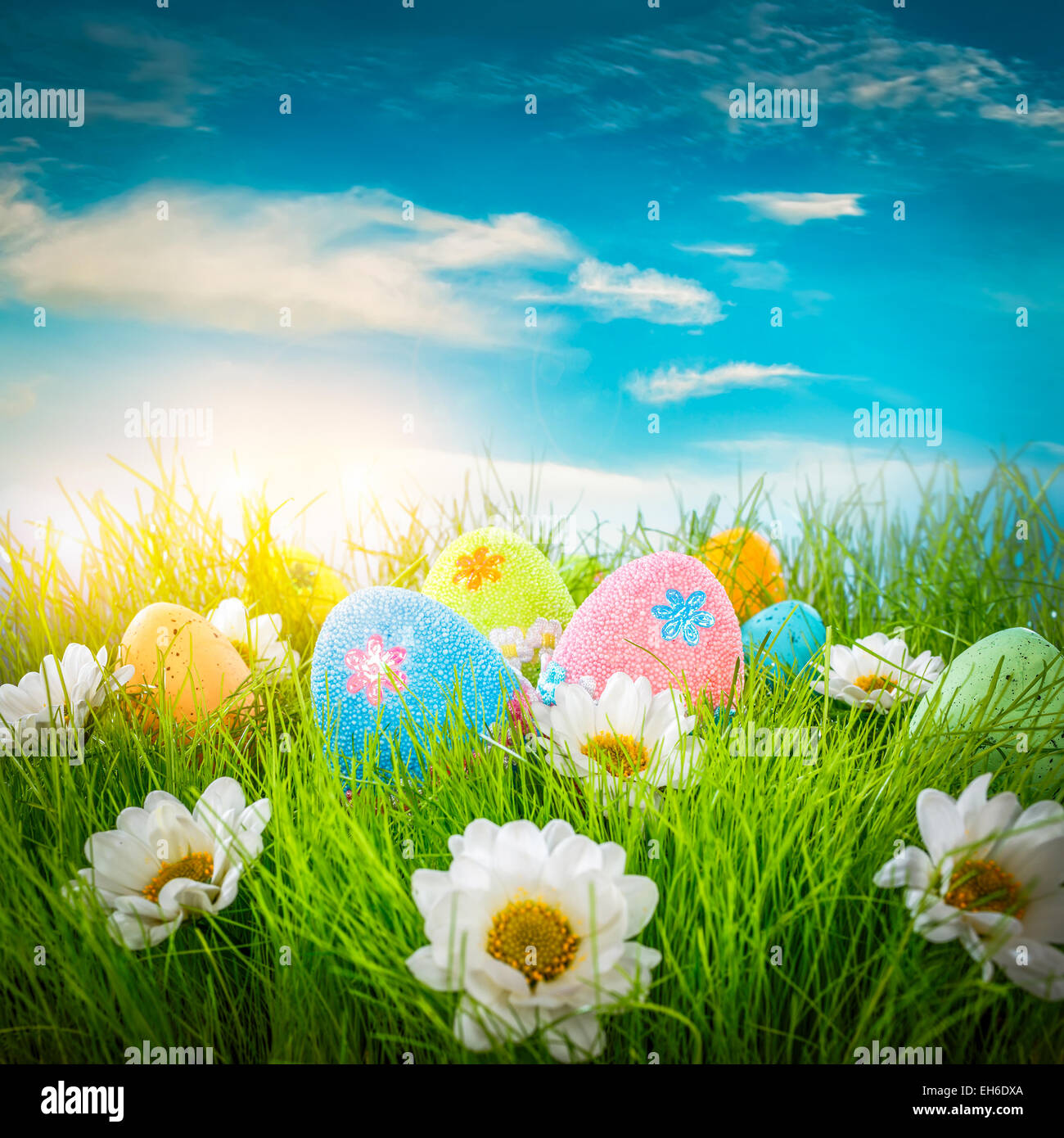 Decorated easter eggs in the grass on blue sky background Stock Photo ...