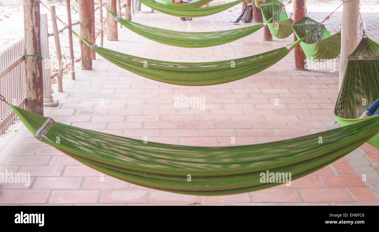 A line of green hammocks, at a beach resort Stock Photo Alamy