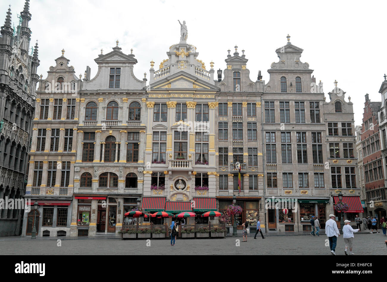 View of the north east area of Grand Place (Grote Markt) including the  La Chaloupe d'or restaurant, Brussels, Belgium. Stock Photo