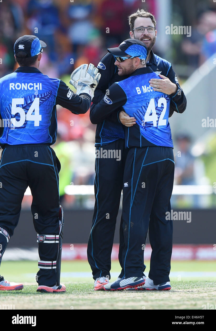 Napier, New Zealand. 08th Mar, 2015. Daniel Vettori celebrates the wicket  of Nawroz Mangal with team mates during the ICC Cricket World Cup match  between New Zealand and Afghanistan at McLean Park