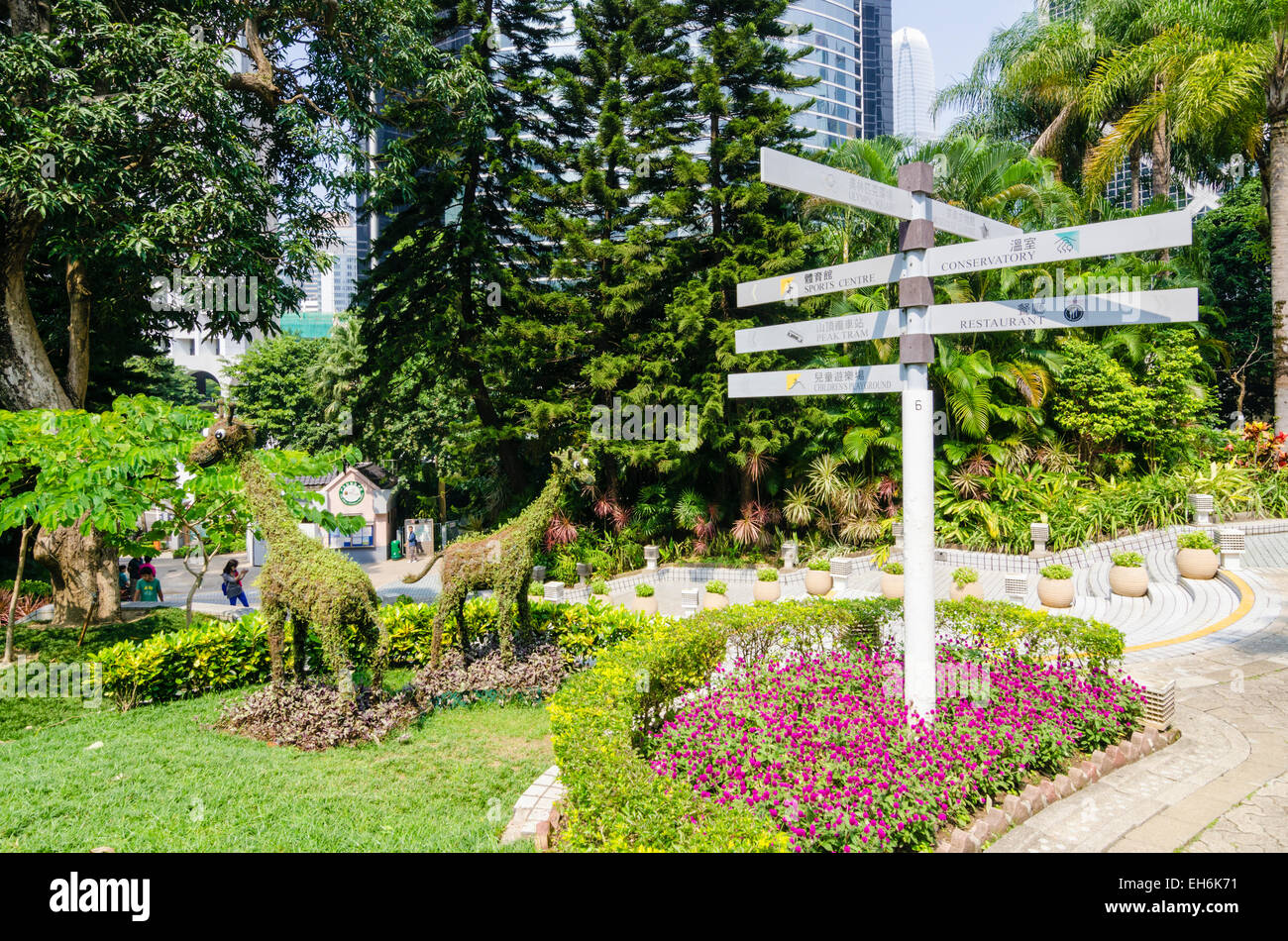 Signpost detail and animal topiary, Hong Kong Park, Hong Kong Stock Photo