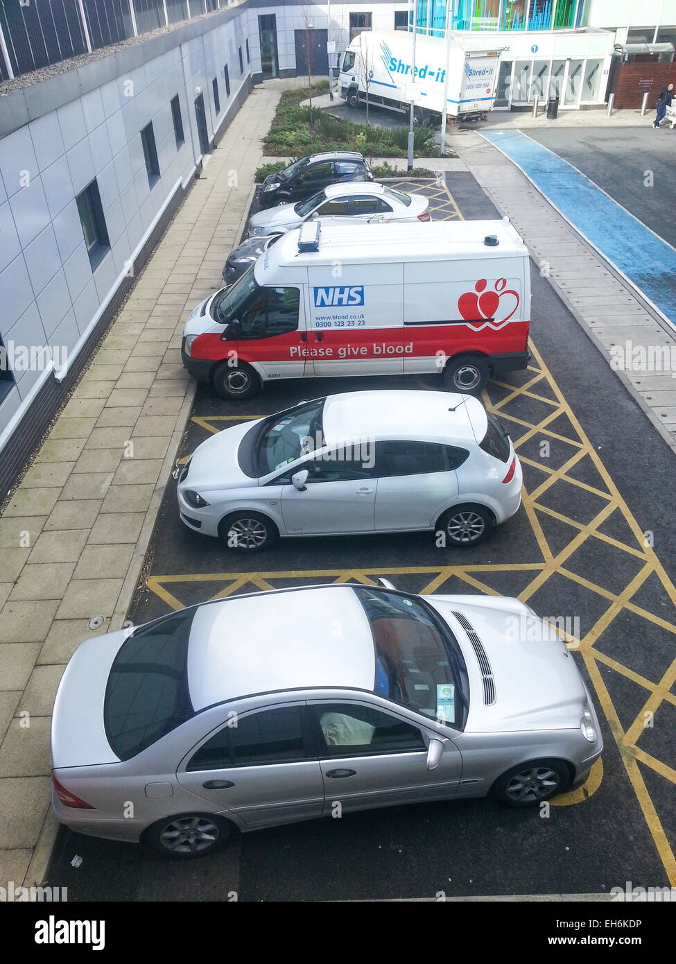 Blood donor van parked in Salford Royal NHS Foundation Trust, Eccles